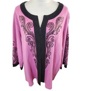 Bob Mackie Wearable Art 3X Cardigan Sweater Pink Black Embroidered Plus Size Top